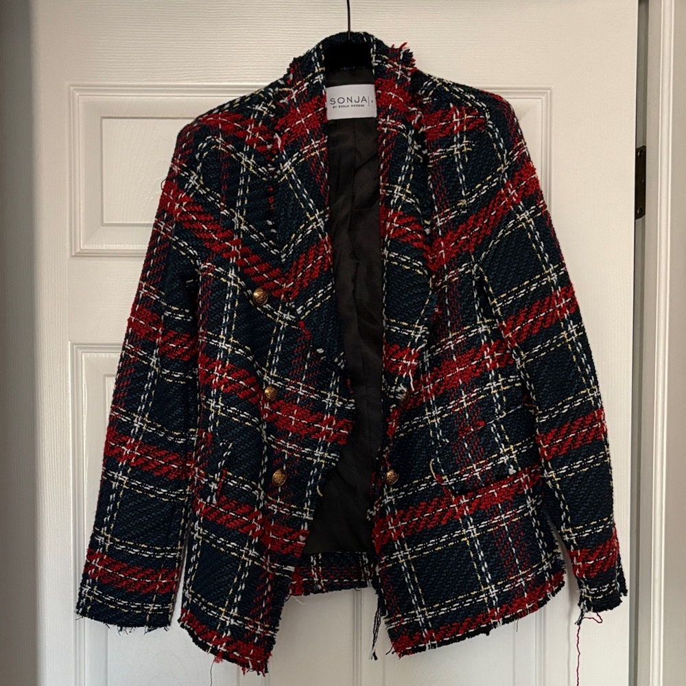 Chic Plaid Blazer in Red, Black, and White